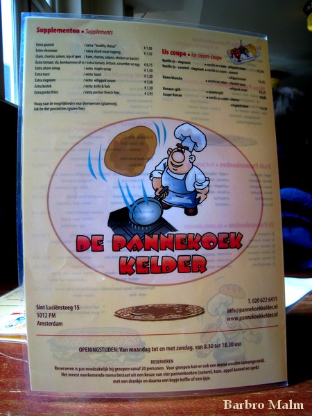 Menyn vid pannkakslunch i Amsterdam